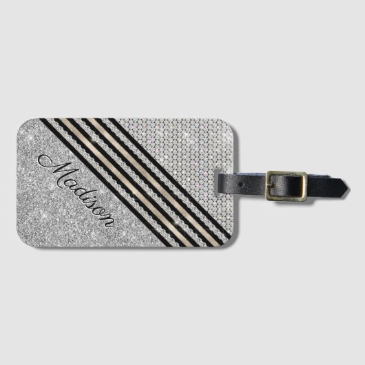 シックフェイク・クリスタル・シルバーグリッターパーソナライズされた ラゲッジタグ (正面横)