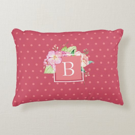 シックフェミニンモノグラムのイニシャルピンクドットフローラ アクセントクッション (正面)