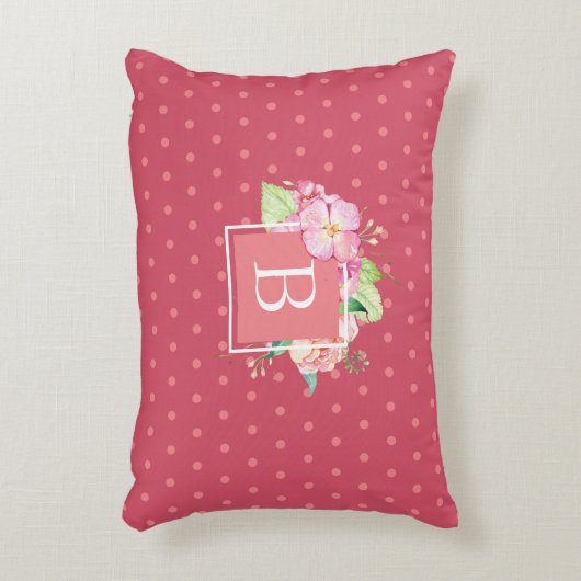 シックフェミニンモノグラムのイニシャルピンクドットフローラ アクセントクッション (正面(垂直))