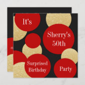 シックフェミニンレッドグリッター金ゴールド誕生日パーティー 招待状 (正面/裏面)