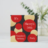 シックフェミニンレッドグリッター金ゴールド誕生日パーティー 招待状 (スタンド正面)