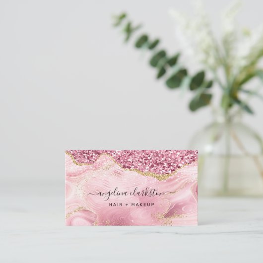 シックフェミニン金ゴールドピンクグリッターマーブルゲート 名刺 (スタンド正面)