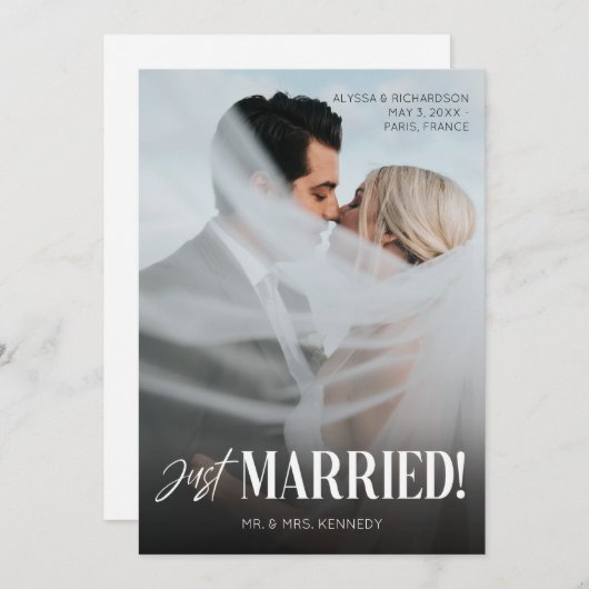 シックフォト&たった今結婚しましたタイポグラフィ 招待状 (正面/裏面)