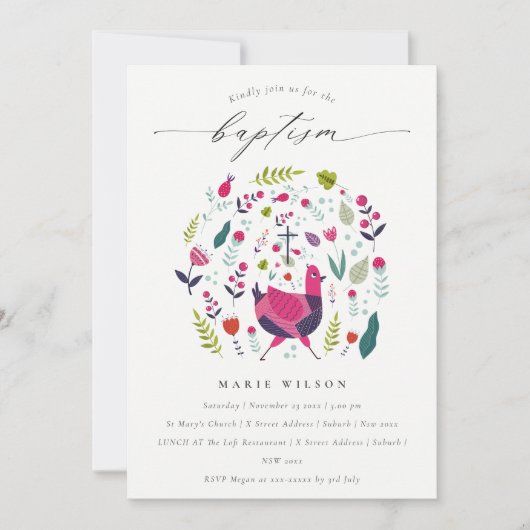 シックフォークファームフローラバーディフォトバプテスマ招待状 サンキューカード (正面)