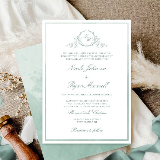 シックフォーマルモノグラ淡い色のムグリーンウォーター結婚カラー 招待状