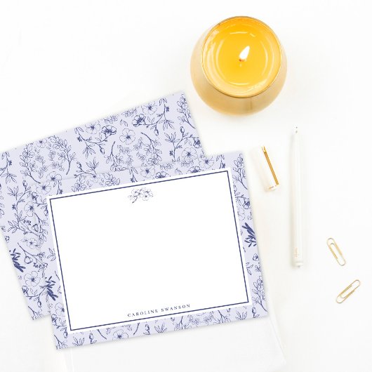 シックフランスのブルー花模様 ノートカード