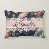 シックフランスのルブードワールノワールヴィンテージレースバラ アクセントクッション (正面)