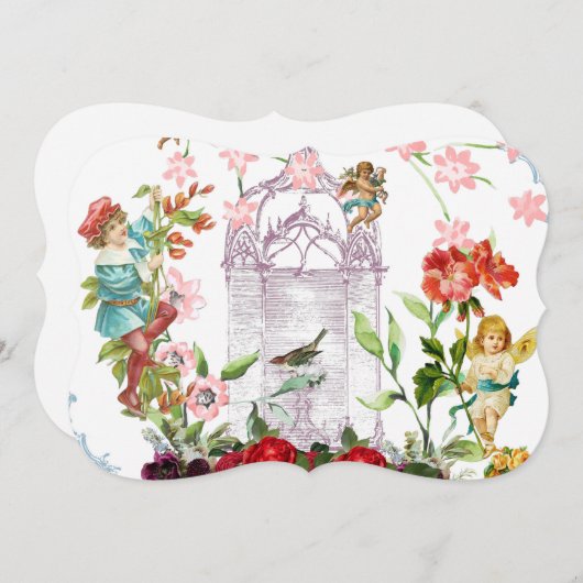 シックフランスの，田舎風，フローラルパターン，バラ,re セーブザデート (正面/裏面)