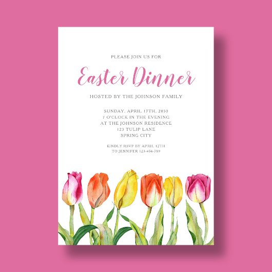 シックフローラウォーターカラーチューリップイースターディナー 招待状