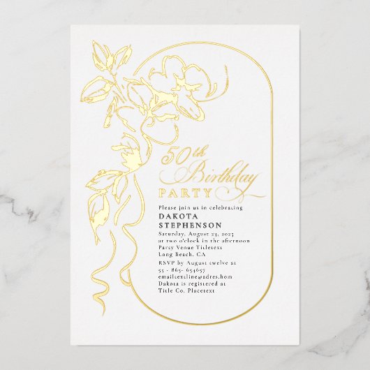 シックフローラエレガントモダン誕生日金ゴールド 箔招待状 (正面)