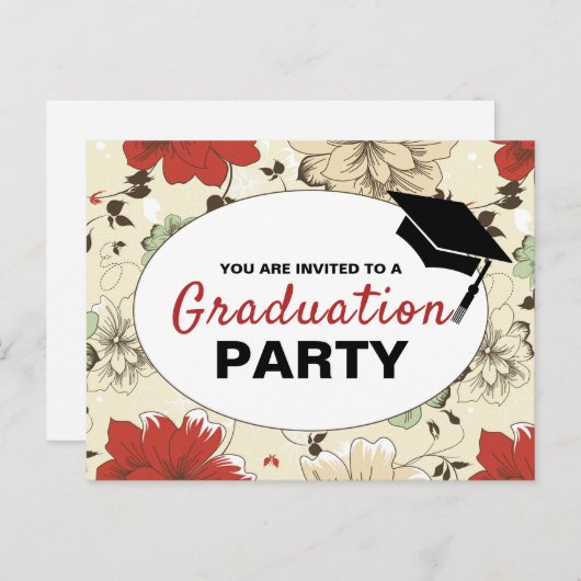 シックフローラキャップ卒業パーティー招待状 インビテーションポストカード (正面/裏面)