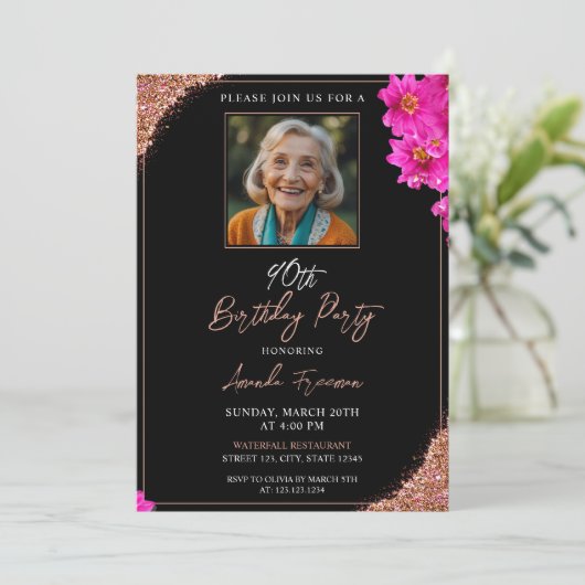 シックフローラグリッター90th誕生日 招待状 (スタンド正面)