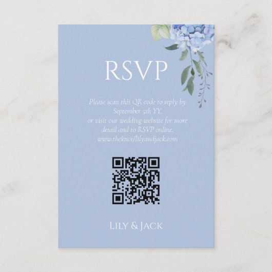シックフローラダスティブルーアジランゲアウェディングRSVP エンクロージャーカード (正面)