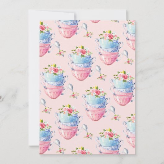 シックフローラティーカップティーパーティーブライダルシャワー 招待状 (裏面)