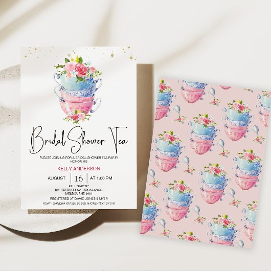 シックフローラティーカップティーパーティーブライダルシャワー 招待状