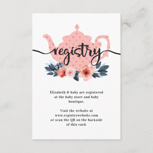 シックフローラティーパーティーガールベビーシャワーレジストリ エンクロージャーカード (正面)