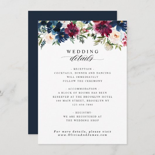 シックフローラネイビーブルーブルゴーニュ結婚レッド詳細 エンクロージャーカード (正面/裏面)