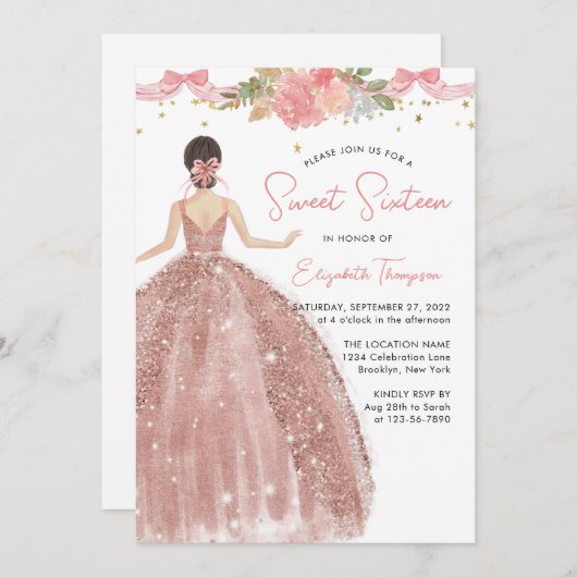 シックフローラバラ金ゴールドドレススウィート16誕生日 招待状 (正面/裏面)