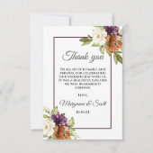 シックフローラパープル水玉模様秋の結婚式 サンキューカード (正面)
