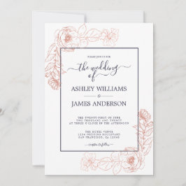 シックフローラピンクローズ金ゴールドダークブルー結婚ズ 招待状