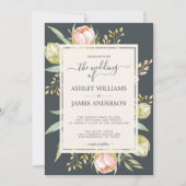 シックフローラピンク牡丹ボタニカルオフブラック結婚ズ 招待状 (正面)