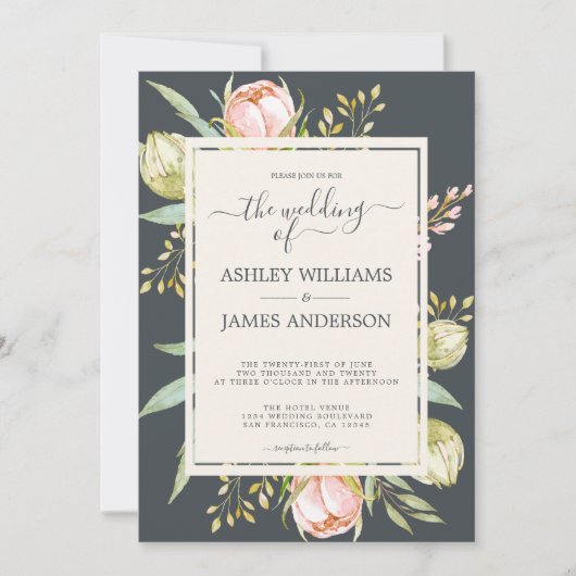 シックフローラピンク牡丹ボタニカルオフブラック結婚ズ 招待状 (正面)