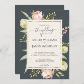 シックフローラピンク牡丹ボタニカルオフブラック結婚ズ 招待状 (正面/裏面)
