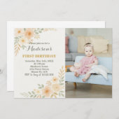 シックフローラファースト誕生日招待状 招待状 (正面/裏面)