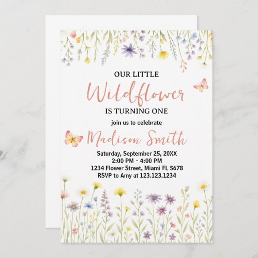 シックフローラファースト誕生日招待状 招待状 (正面/裏面)