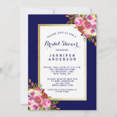 シックフローラブライダルシャワー招待状 | ネイビーブルーピンク 招待状 (正面)