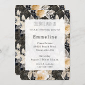 シックフローラブラッククリームヒョウ動物誕生日 招待状 (正面/裏面)