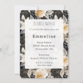 シックフローラブラッククリームヒョウ動物誕生日 招待状 (正面)