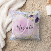 シックフローラブルーピンク金ゴールドレインボーマーブルモノグラム クッション (ブランケット)