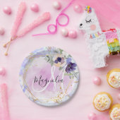 シックフローラブルーピンク金ゴールドレインボーマーブルモノグラム ペーパープレート (パーティー)