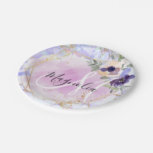 シックフローラブルーピンク金ゴールドレインボーマーブルモノグラム ペーパープレート (アングル)