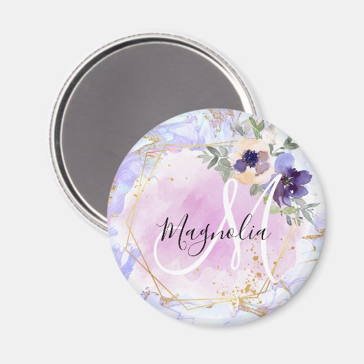 シックフローラブルーピンク金ゴールドレインボーマーブルモノグラム マグネット (正面/裏面)