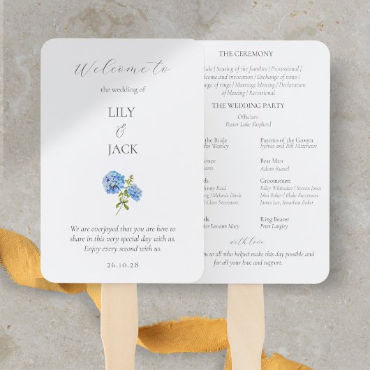 シックフローラブルーホワイトアジサイ結婚式 プログラム ハンドファン