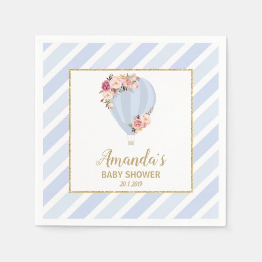 シックフローラホットエアバルーン男の赤ちゃんシャワーブルー スタンダードカクテルナプキン (正面)