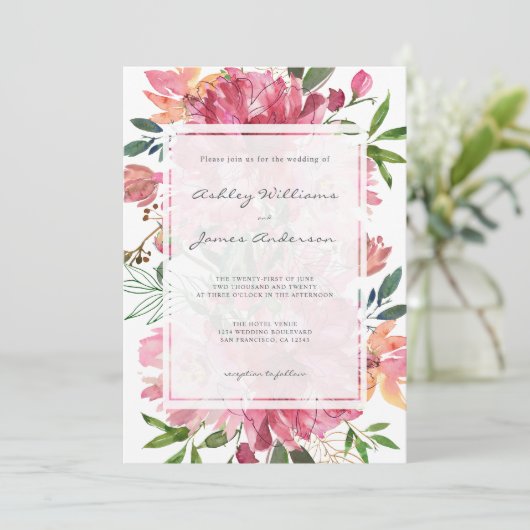 シックフローラボタニカルボホピンク牡丹結婚ズ 招待状 (スタンド正面)