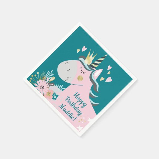 シックフローラマジカルユニコーンガールズバースデーパーティー スタンダードカクテルナプキン (角)