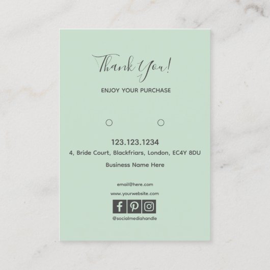 シックフローラライトティール（緑がかった色）植物用イヤリングカード 名刺 (裏面)