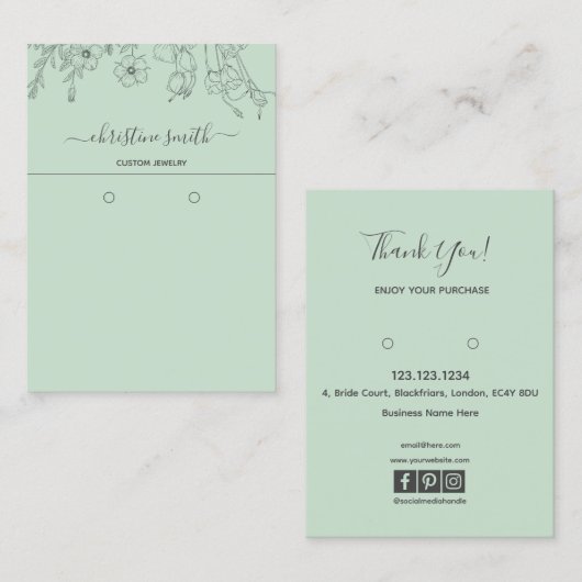 シックフローラライトティール（緑がかった色）植物用イヤリングカード 名刺 (正面/裏面)