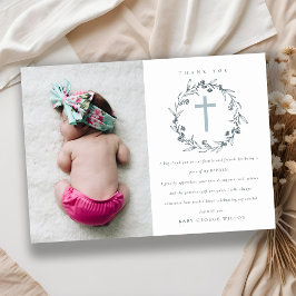 シックフローラローレルリースデュスキーブルーグレーバプテスマ サンキューカード