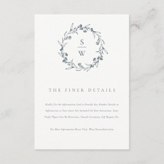 シックフローラローレルリースモノグラム結婚ズ詳細 エンクロージャーカード (正面)