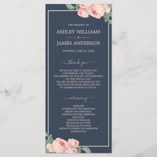 シックフローラヴィンテージピンクローズダークブルー結婚ズ プログラム (正面)