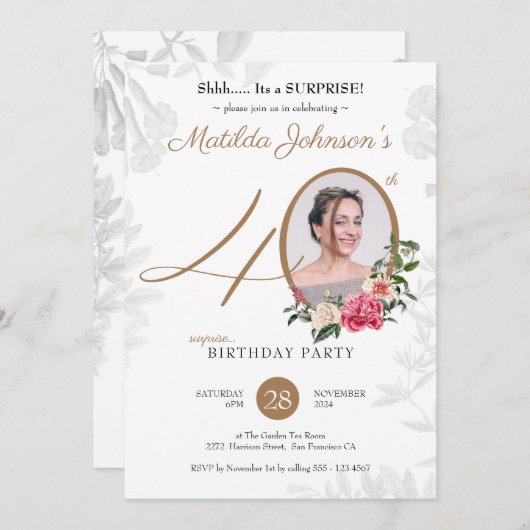 シックフローラ植物写真サプライズ40歳の誕生日 招待状 (正面/裏面)