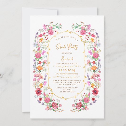 シックフローラ水彩写真卒業パーティー 招待状 (正面)