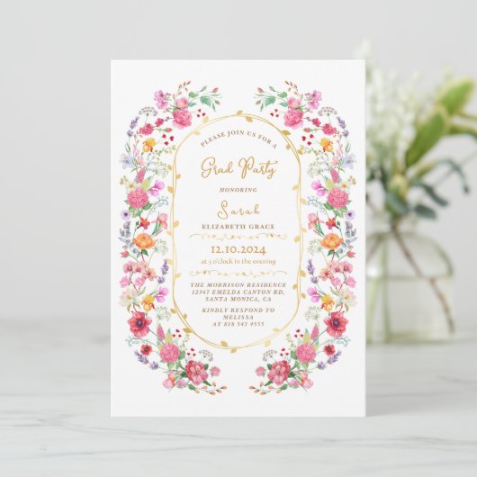 シックフローラ水彩写真卒業パーティー 招待状 (スタンド正面)