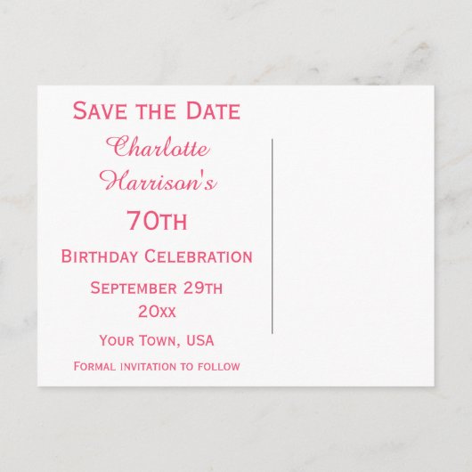 シックフローラ水彩第70誕生日日付を保存 案内ポストカード (裏面)