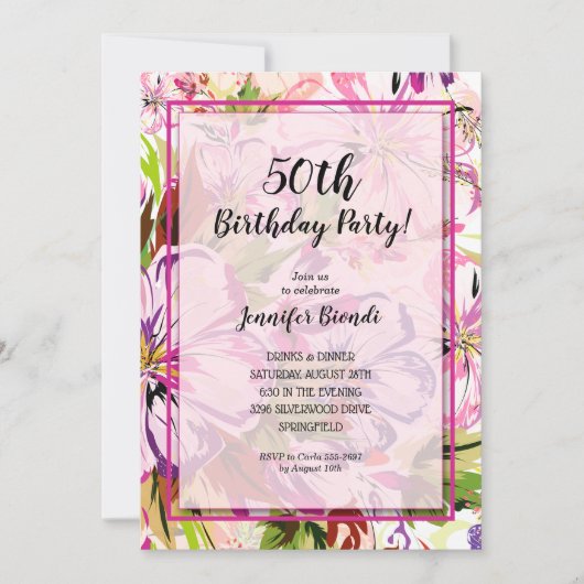 シックフローラ水彩誕生日パーティー 招待状 (正面)